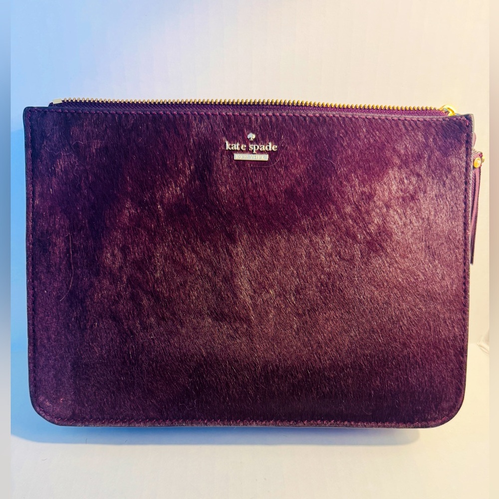 Kate Spade NEW calf fur burgundy handheld clutch plum with Gold Accents - Picture 4 of 7